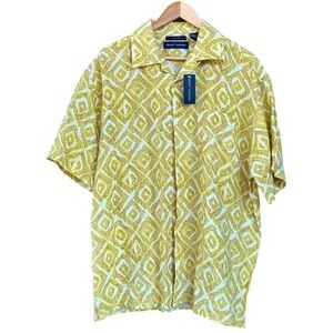 Grant Thomas Men’s Large Pure Linen Yellow Short Sleeve Button Down Plaid Shirt